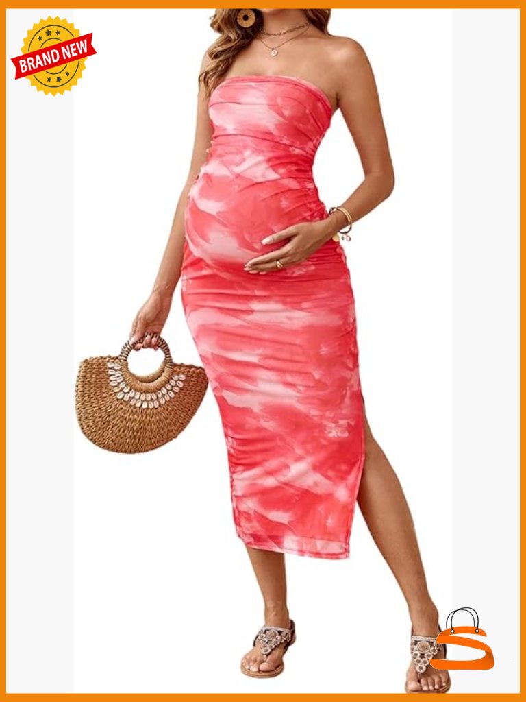 Maternity Floral Maxi Dress Strapless Bodycon Split Thigh Ruched